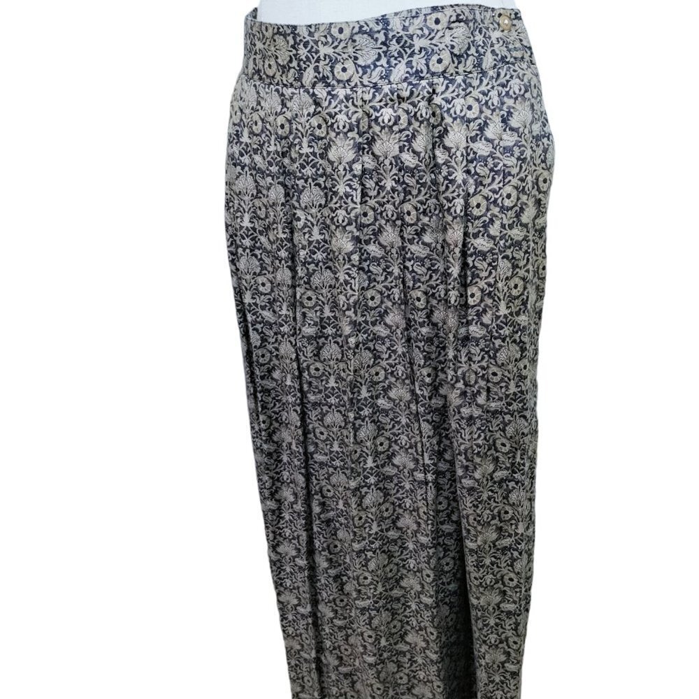 (SK 12) Vintage Rena Rowan Tan & Black Pleated Floral Maxi Skirt Size 14